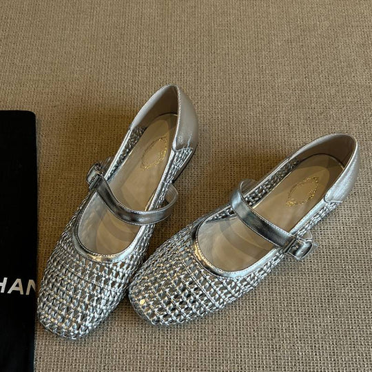 Damen geschlossene Ballerinas mit festem Riemen und geflochtenem Obermaterial EB