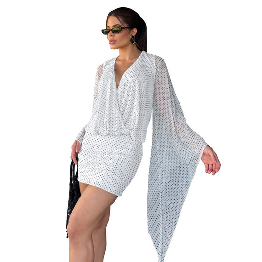 Damen lässiges Wickelkleid mit transparenten Ärmeln und schickem Design EB