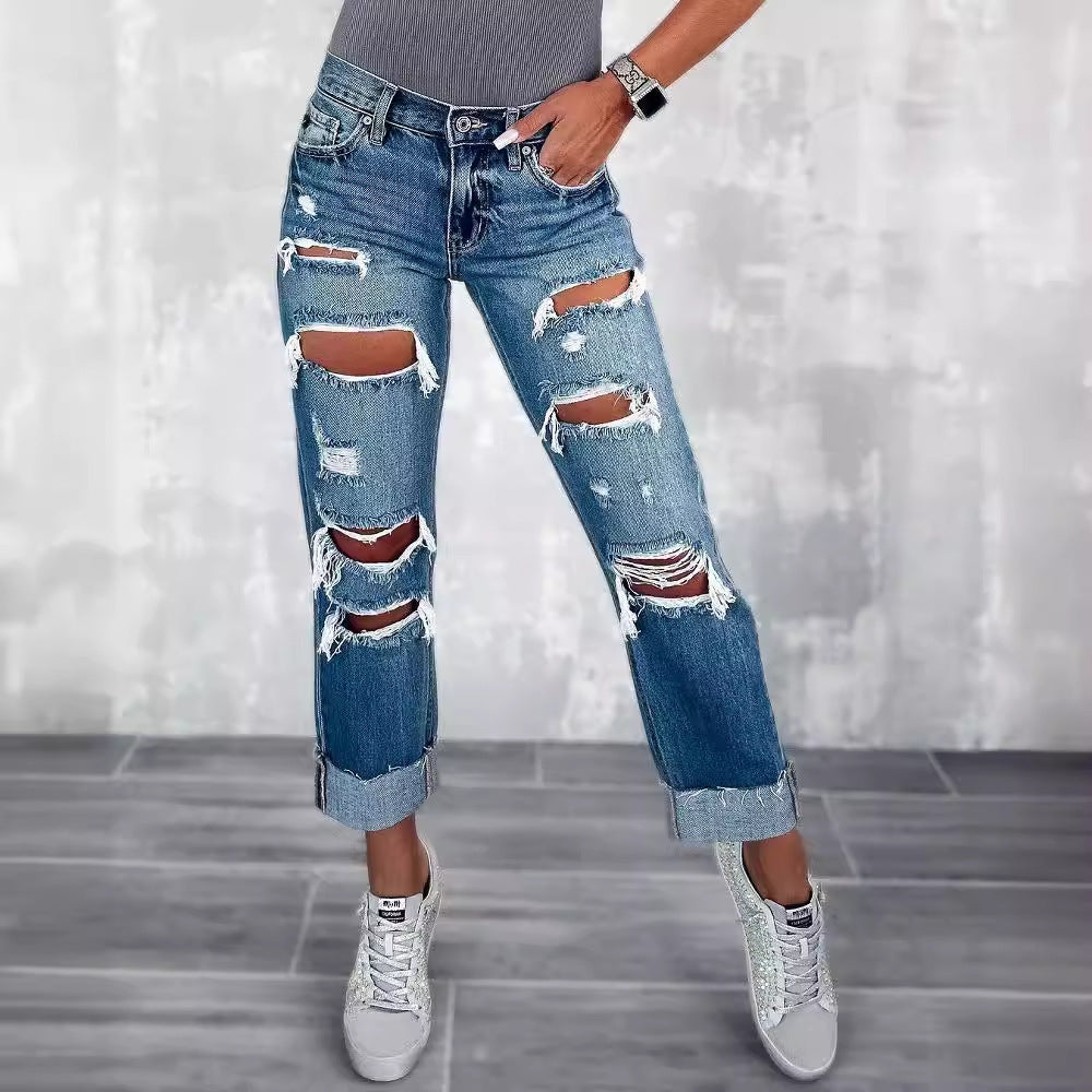 Damen Ripped Boyfriend Jeans im angesagten Vintage-Look mit weitem Bein EB
