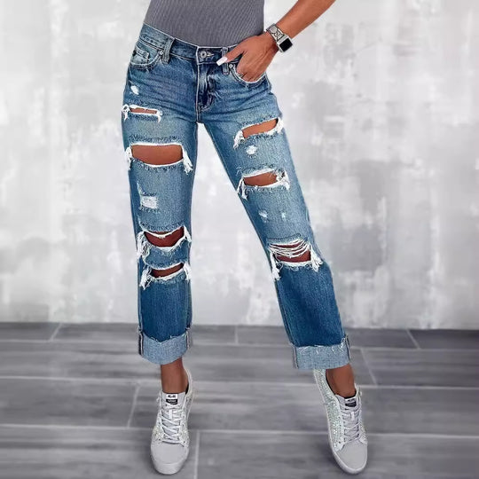 Damen Ripped Boyfriend Jeans im angesagten Vintage-Look mit weitem Bein EB