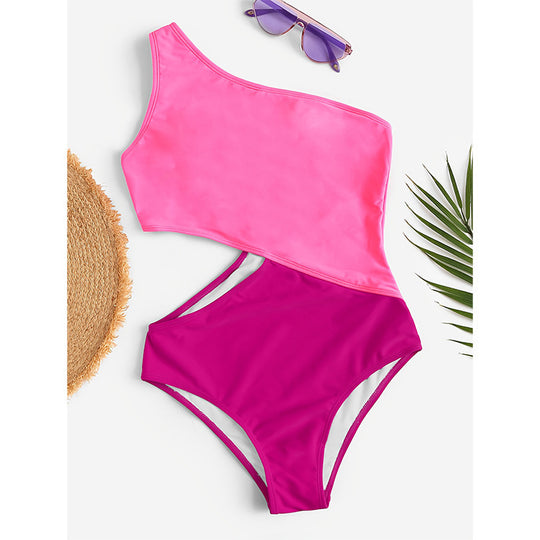 Damen Einseitiger Badeanzug mit raffiniertem Schnitt und kontrastierenden Farben EB
