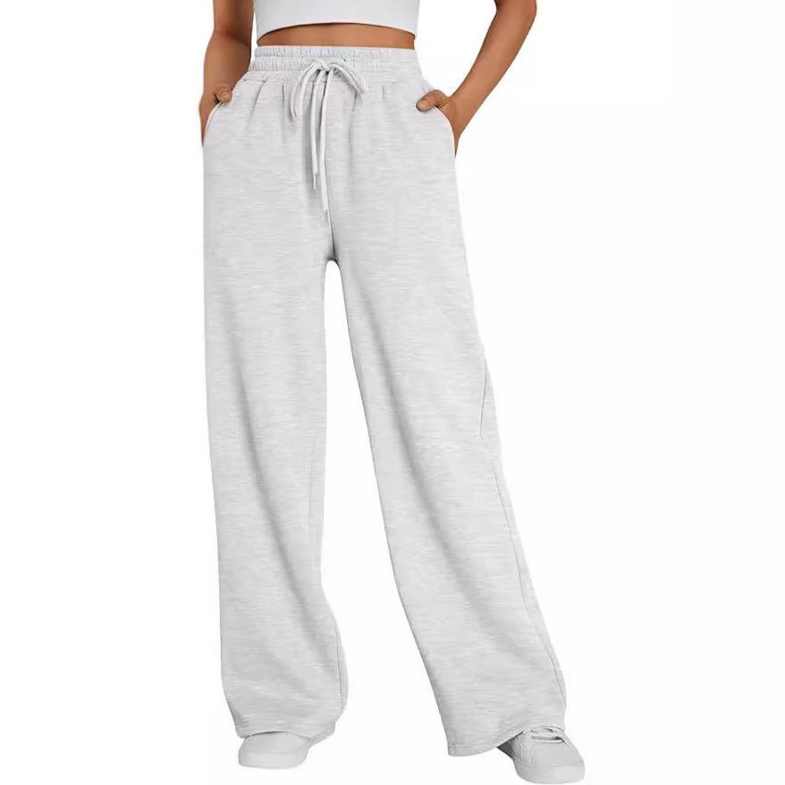 Damen nan weite Loungehose mit hohem Elastikbund, verstellbarem Kordelzug und fließender Palazzosilhouette EB