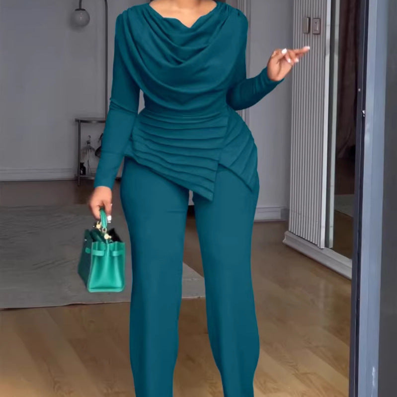 Damen Zweiteiliges Ensemble mit Wasserfall-Drapé-Oberteil, abgestuftem Peplum und gerader Bundfalten-Hose EB