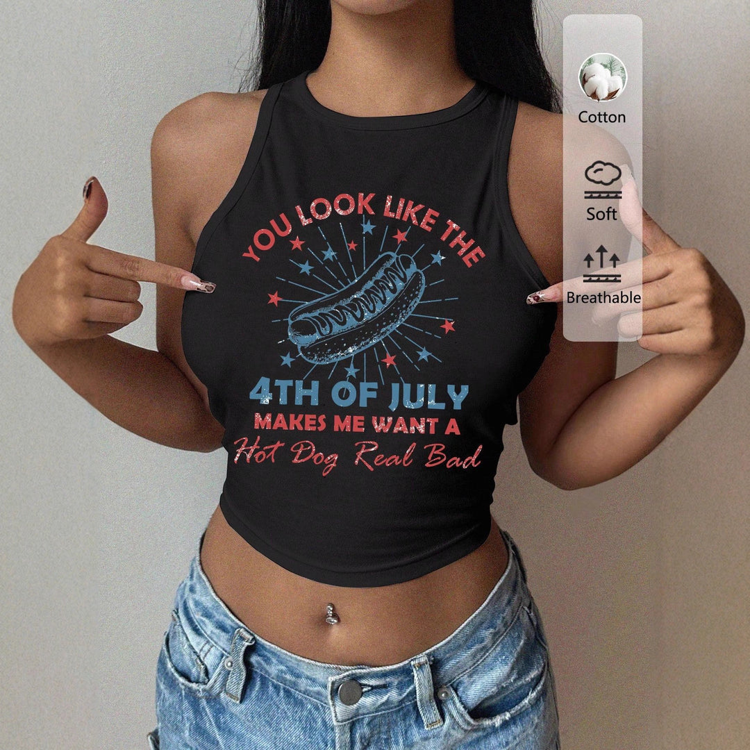 Damen Cropped Tanktop mit kreativem Schriftzug und lebhaftem Design EB