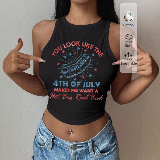 Damen Cropped Tanktop mit kreativem Schriftzug und lebhaftem Design EB