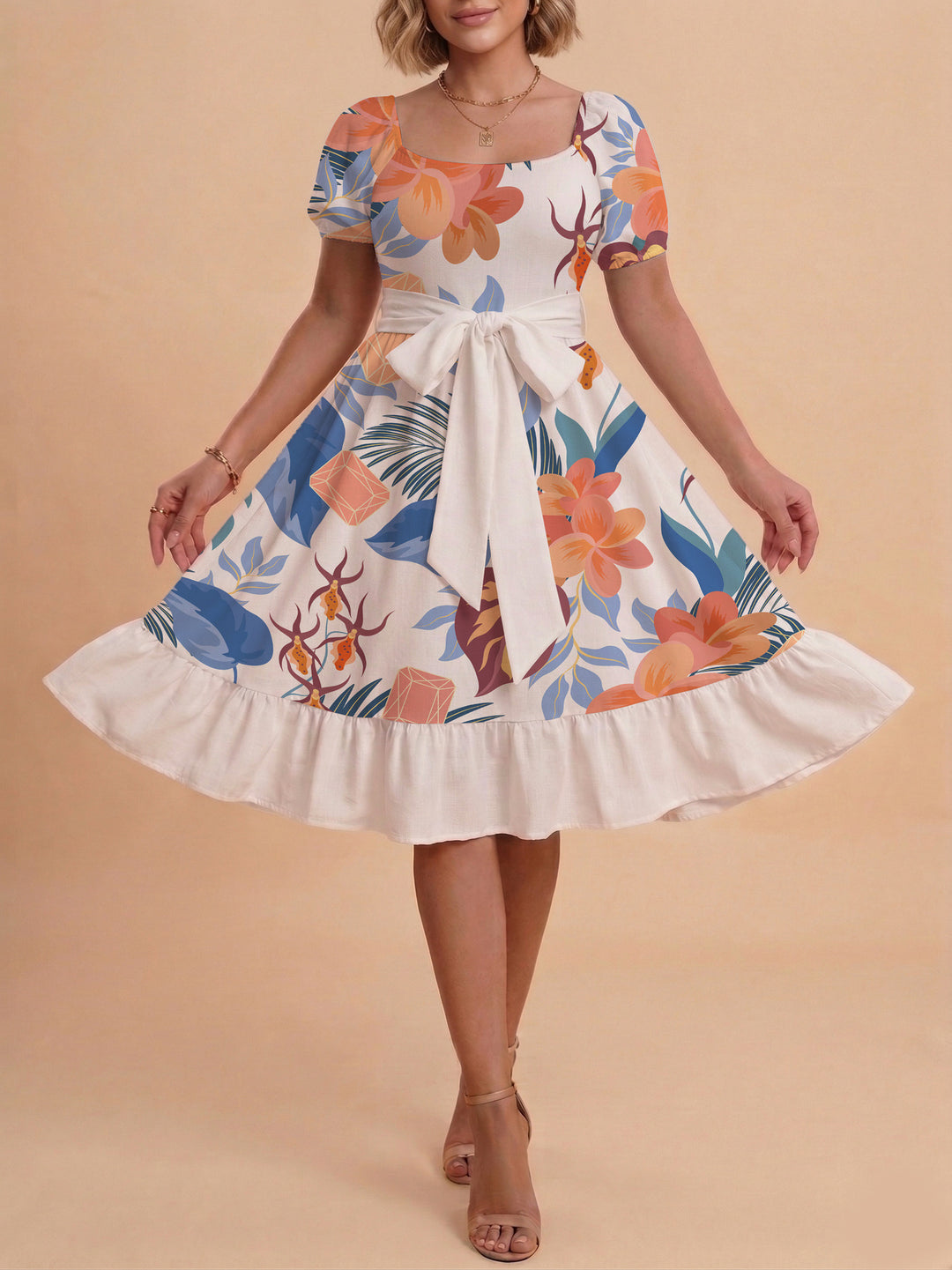 Damen A-Linien-Kleid mit floralen Motiven und taillierbarem Gürtel EB