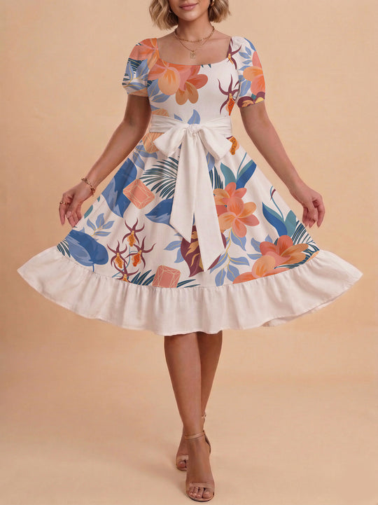 Damen A-Linien-Kleid mit floralen Motiven und taillierbarem Gürtel EB