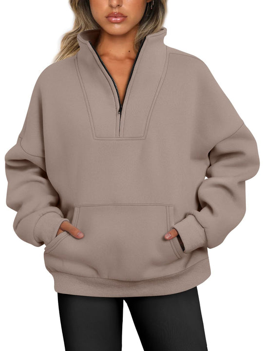 Damen nan oversized Halbzip-Hoodie mit hohem Stehkragen, Kängurutasche und gerippten Bündchen EB