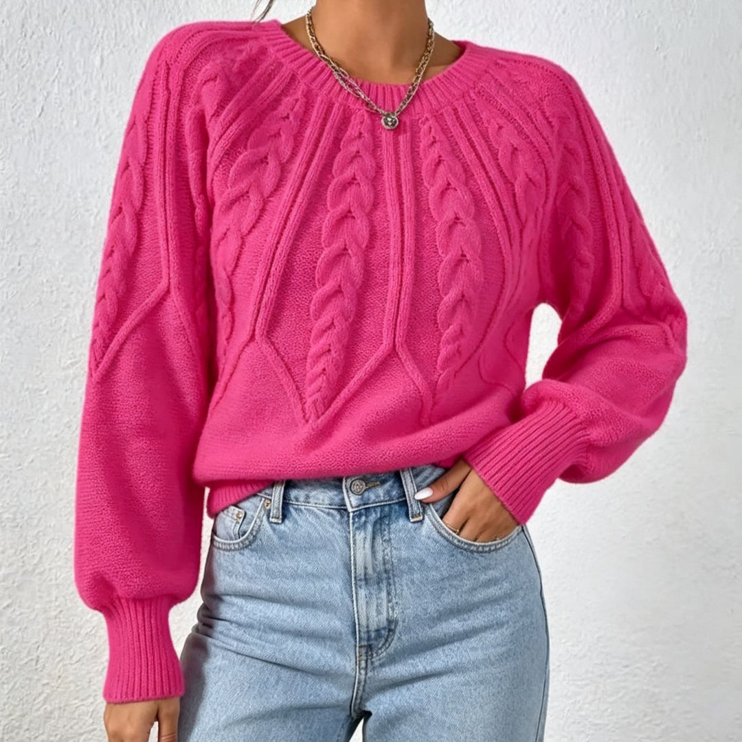 Damen kurzgeschnitteter Grobstrick-Zopfpullover mit Ballonärmeln EB