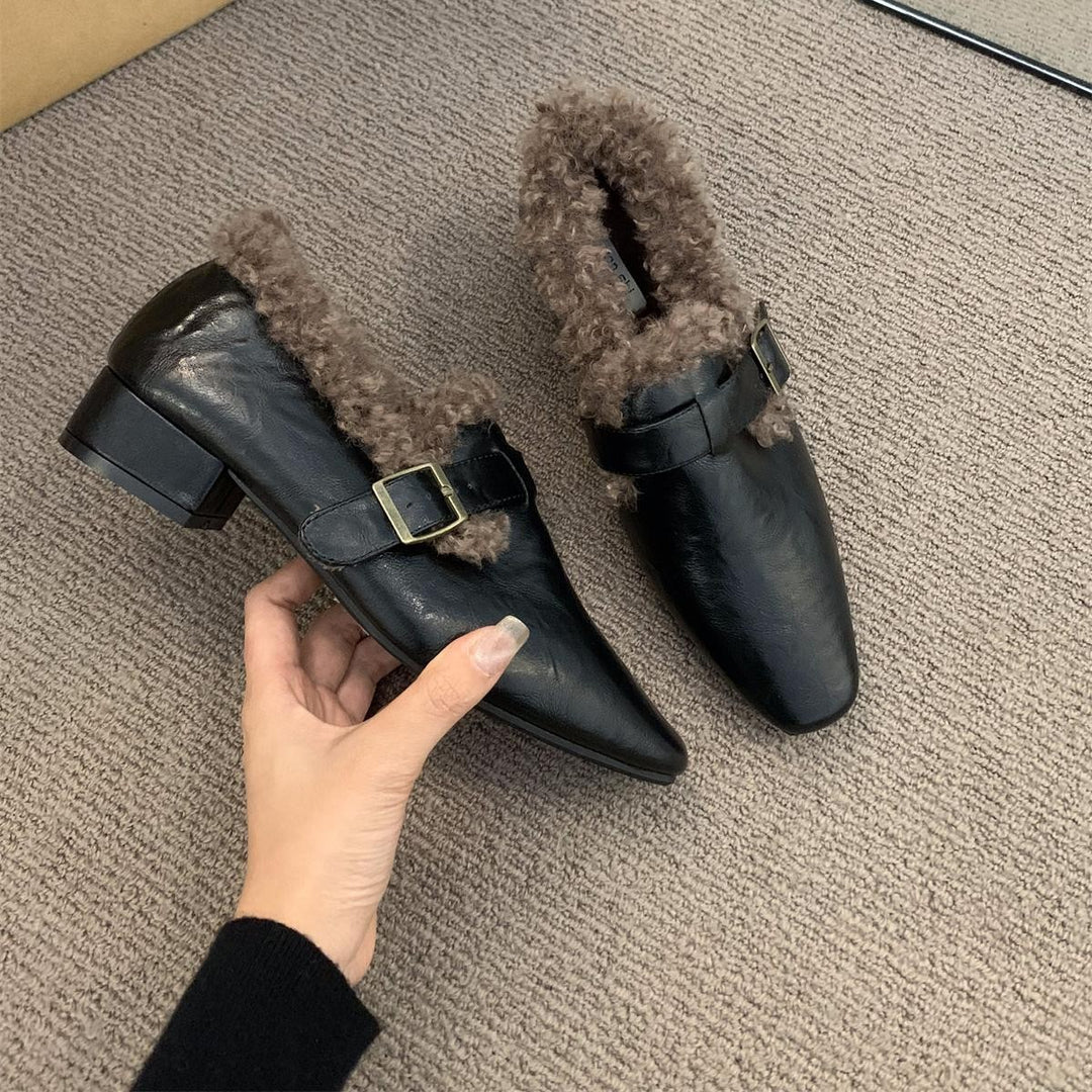 Damen Elegante Mokassins mit warmem Kunstfellkragen und modischer Schnalle EB