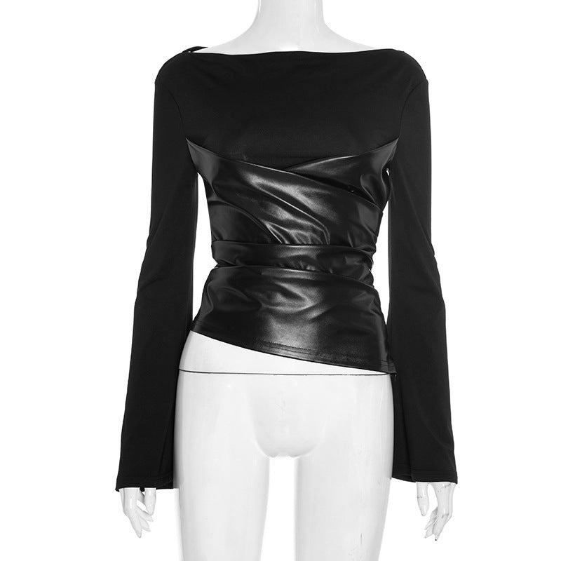 Damen Oberteil mit ausgefallenem Wickeldesign und eleganten Trompetenärmeln EB