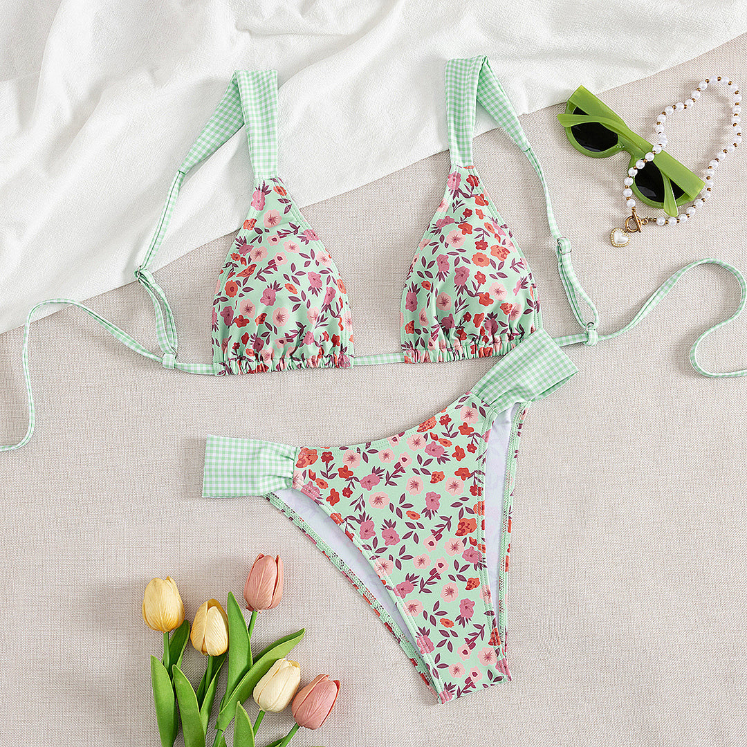 Damen Triangle-Bikini mit floralem Design und verstellbaren Trägern EB