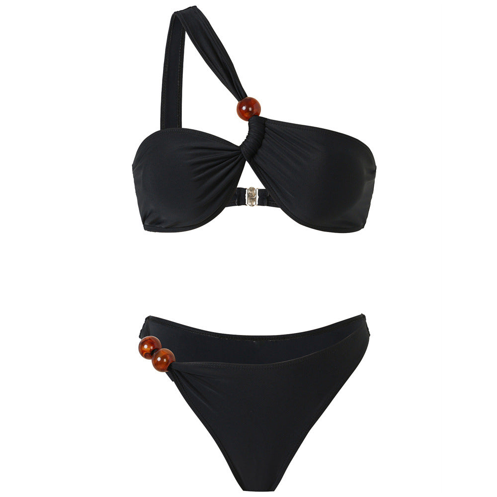 Damen Bikini-Set mit asymmetrischem Halter-Neck und dekorativen Hosenknöpfen EB