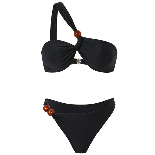 Damen Bikini-Set mit asymmetrischem Halter-Neck und dekorativen Hosenknöpfen EB