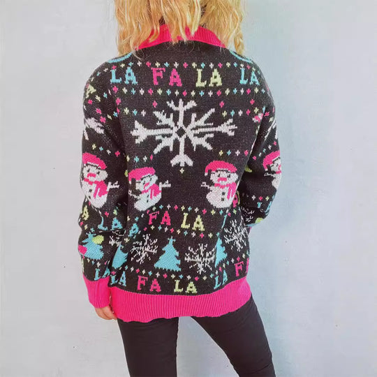 Damen weihnachtlicher Pullover mit bunten Applikationen und festlichem Design EB