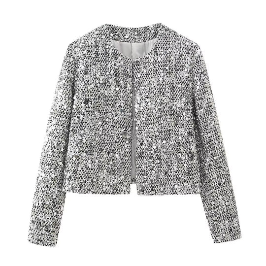 Damen nan strukturierte Boucléjacke mit Stehkragen, aufgesetzten Taschen und elastischem Saum EB