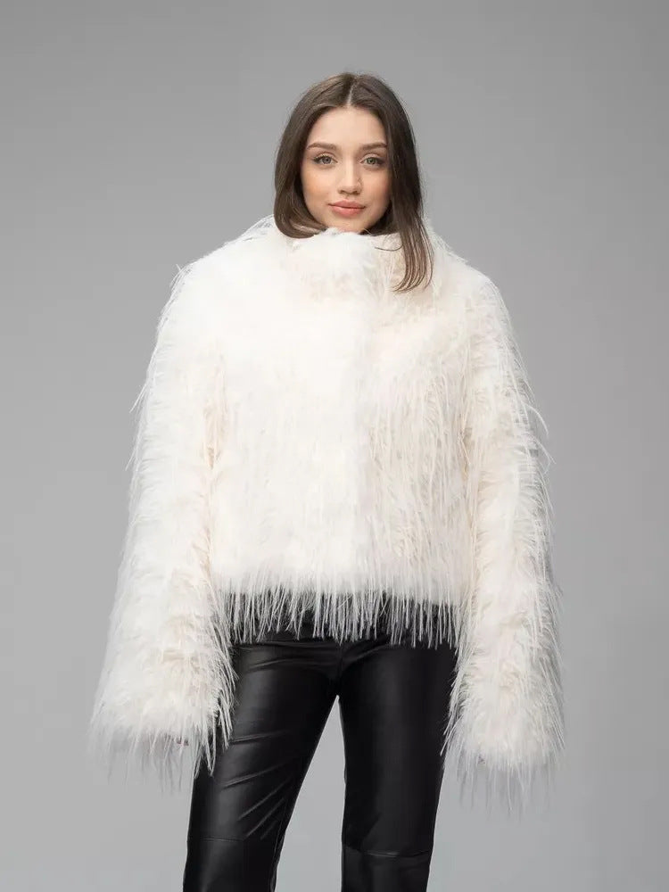 Damen Trendige Kunstfelljacke mit eleganten Fransen EB