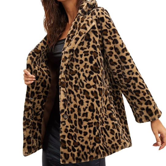 Damen Modischer Teddy-Mantel mit Leoprint und elegantem Schnitt EB