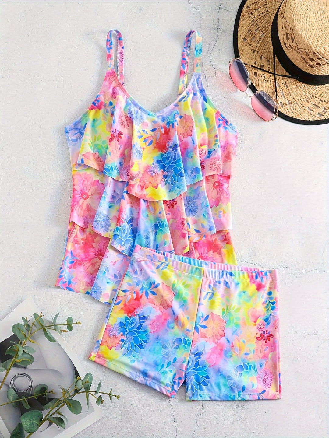 Damen Freizeit-Badeoberteil mit leichtem Rüschendesign und Shorts EB