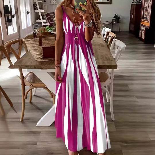 Damen Maxikleid mit raffiniertem Streifenmuster und tiefem V-Ausschnitt Heidi-Mode