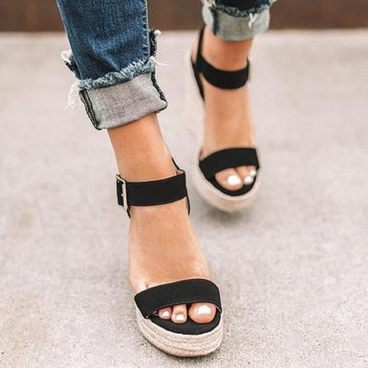 Damen Espadrille-Keilabsatz Sandaletten mit geflochtenem Plateau und verstellbarem Schnallenriemen EB