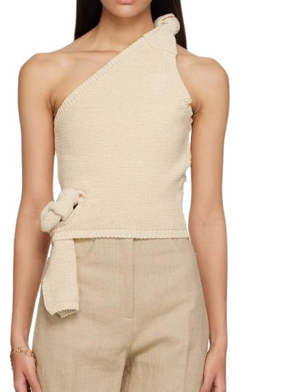 Damen asymmetrisches Strickoberteil mit dekorativem Knoten EB
