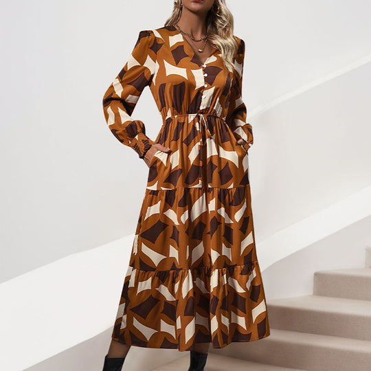 Damen Maxikleid mit dekorativem Bindegürtel und voluminösen Ärmeln EB