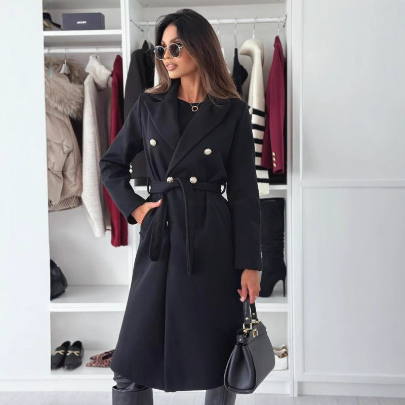 Damen Doppelt genähter Trenchcoat mit taillierbarem Gürtel und eleganter Struktur EB