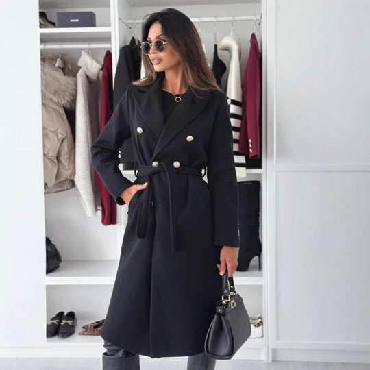 Damen Doppelt genähter Trenchcoat mit taillierbarem Gürtel und eleganter Struktur EB
