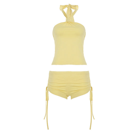 Damen hochwertiges Badeanzug-Set mit verstellbarem Haltertop und Rüschenhosen EB