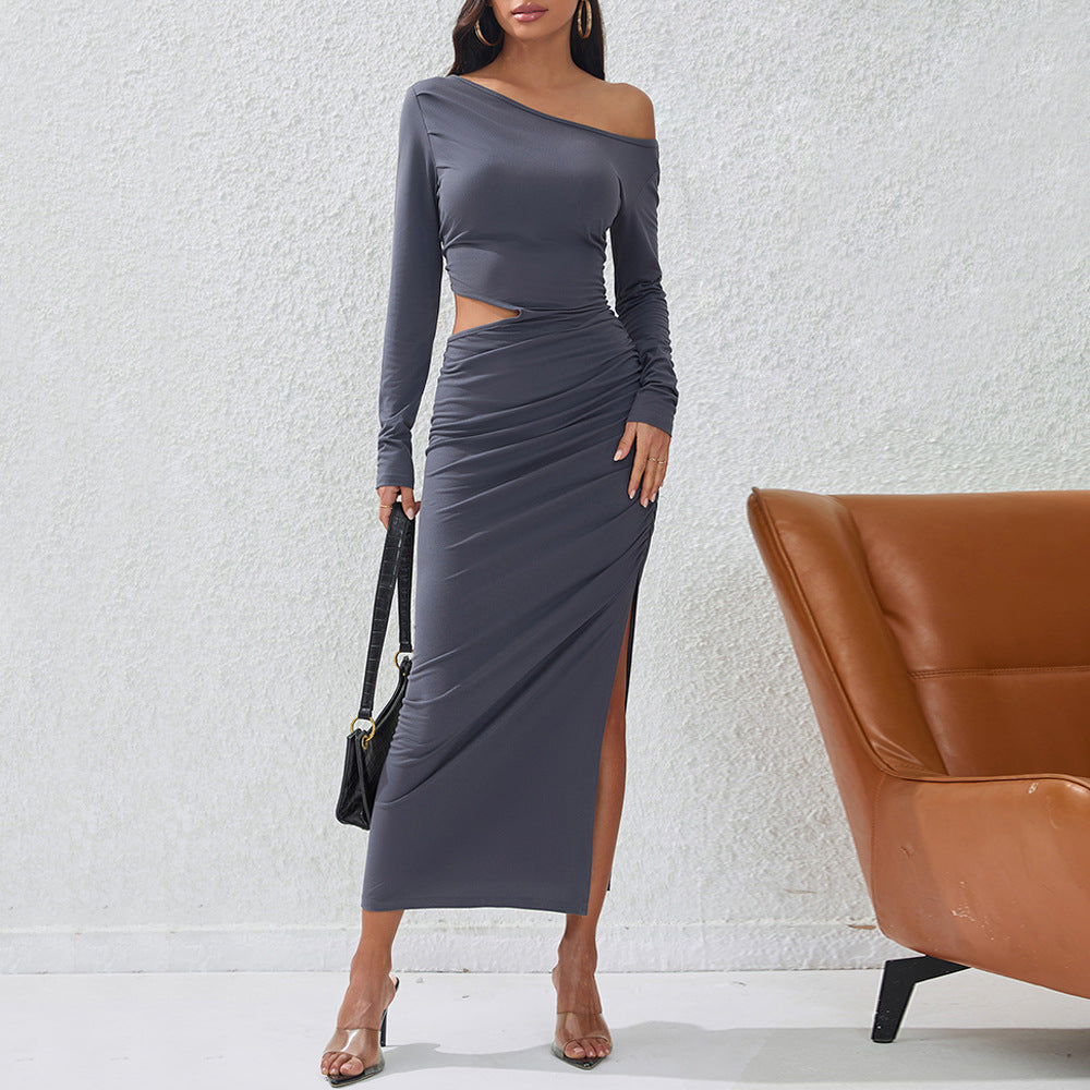 Damen eng anliegendes Maxikleid mit langem Arm seitlichem Cut-Out geraffter Hüfte und hohem Beinschlitz Eichborn Berlin