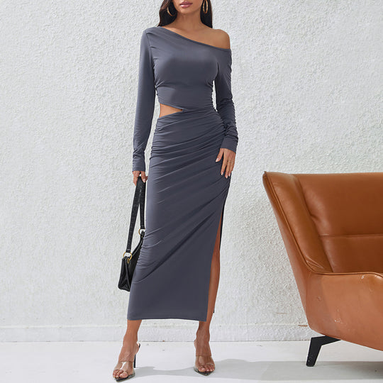 Damen eng anliegendes Maxikleid mit langem Arm seitlichem Cut-Out geraffter Hüfte und hohem Beinschlitz Eichborn Berlin