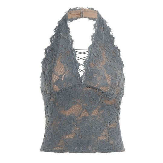Damen Elegantes Spitzen-Haltertop mit tiefem V-Ausschnitt EB