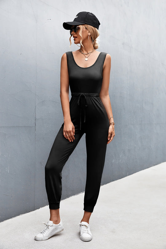 Damen Lässiger Jumpsuit mit verstellbarem Taillenzug und schmalen Bündchen EB
