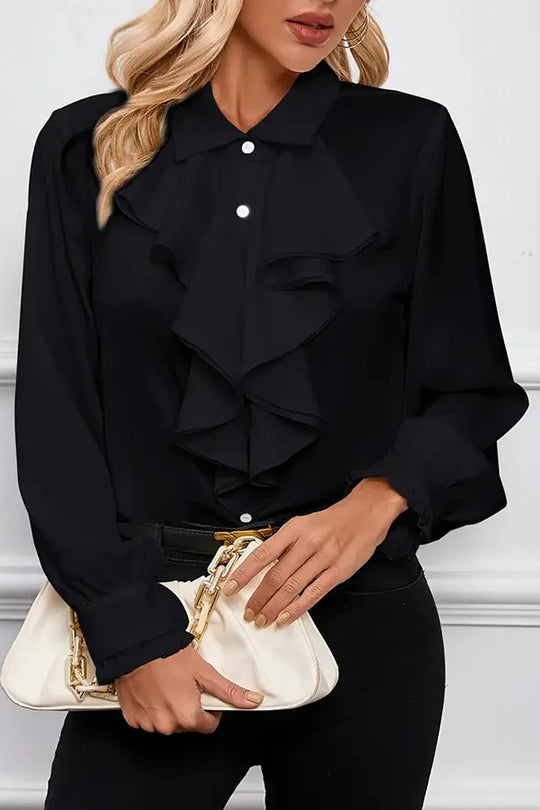 Damen Elegante Rüschenbluse mit Volants, Hemdkragen und Manschetten EB