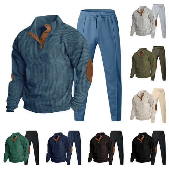Herren Strukturiertes Henley-Loungewear-Set mit Ellenbogen-Patches & tapered Jogginghose EB