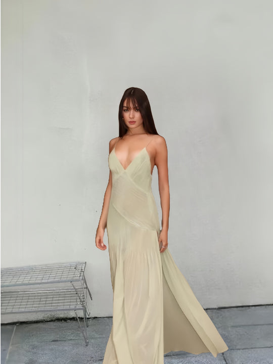 Damen Fließendes Maxikleid mit elegantem V-Ausschnitt und schwingendem Saum EB