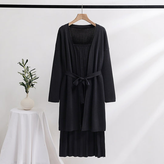 Damen elegantes und lässiges Strickkleid mit passender Strickjacke EB