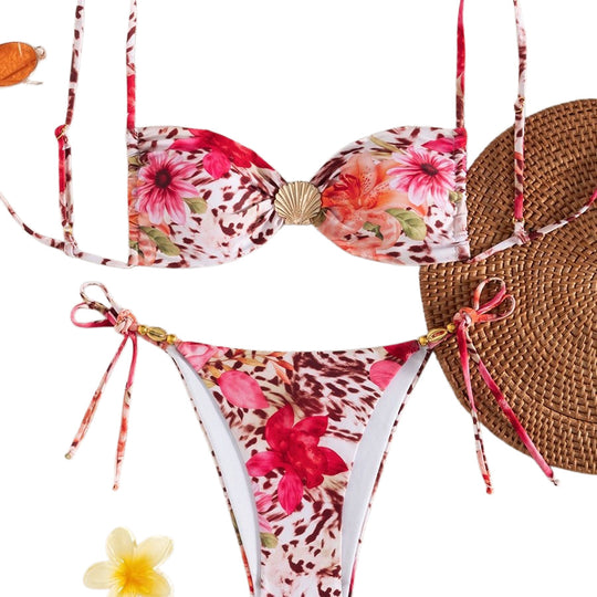 Damen Bandeau-Bikini mit floralem Design und goldenen Akzenten EB