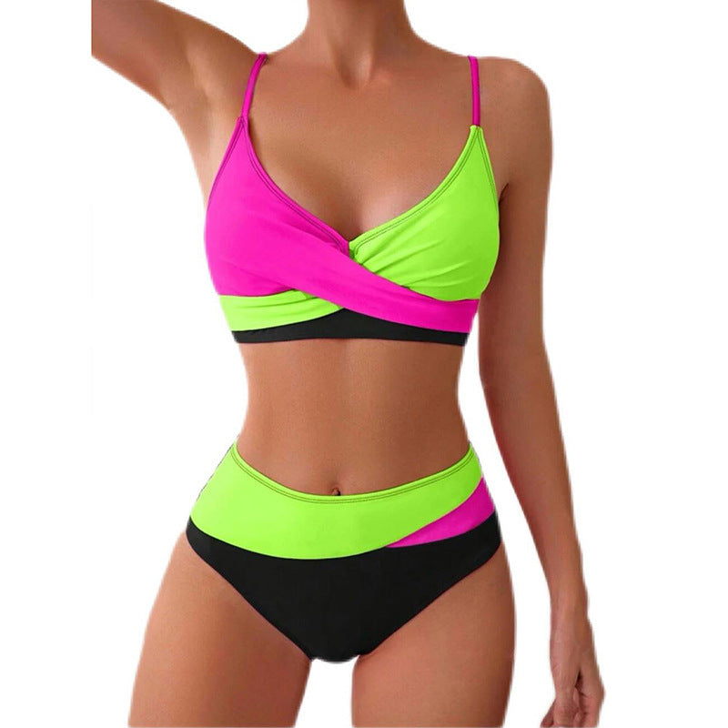 Damen Farbblockierter Hochtaillierter Bikini EB