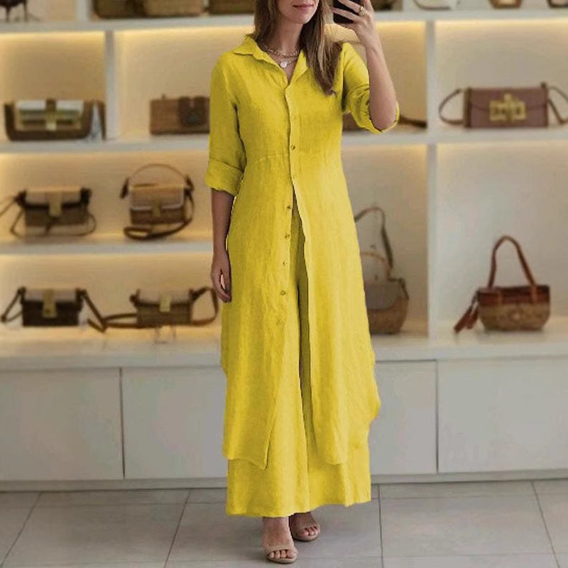Damen nan langes Leinen-Hemdblusenkleid mit durchgehender Knopfleiste, Hemdkragen und dezentem A-Linien-Schnitt EB