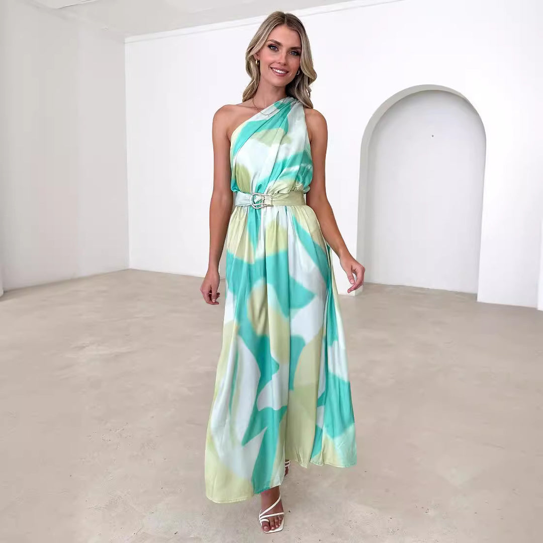 Damen Abendkleid mit asymmetrischem Trägerdesign und elegantem Taillengürtel EB