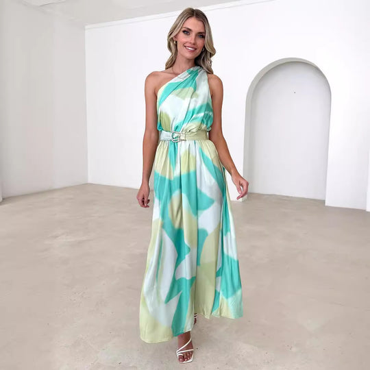 Damen Abendkleid mit asymmetrischem Trägerdesign und elegantem Taillengürtel EB