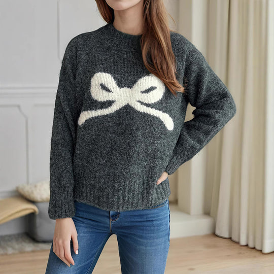 Damen gemütlicher Pullover mit verspieltem Schleifenmotiv EB