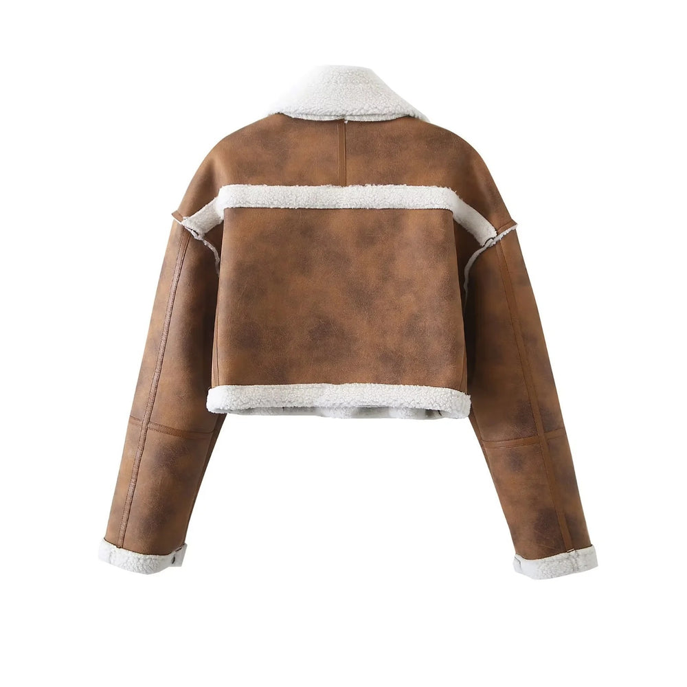Damen cropped Kunstlederjacke mit kuscheligem Teddyfutter und praktischen Taschen EB