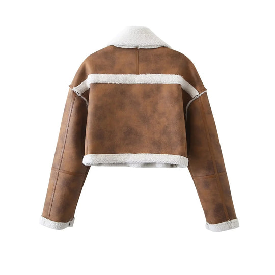 Damen cropped Kunstlederjacke mit kuscheligem Teddyfutter und praktischen Taschen EB