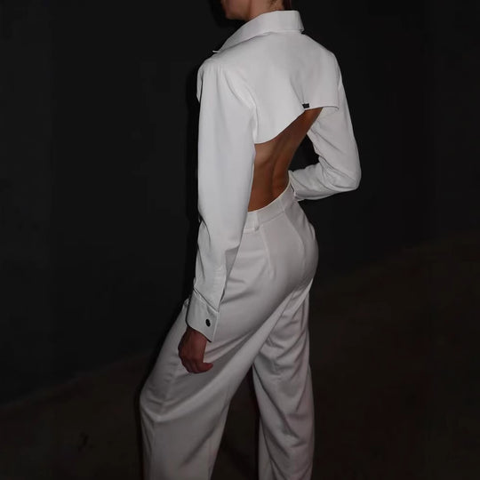 Damen Eleganter Jumpsuit mit weitem Bein und klassischem Kragen EB