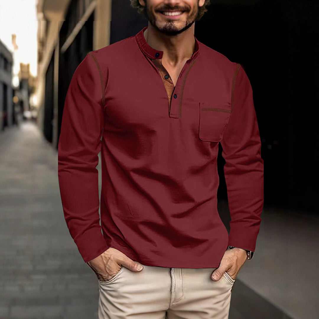 Herren nan legeres Langarm-Henleyshirt mit Stehkragen Knopfleiste und Brusttasche EB