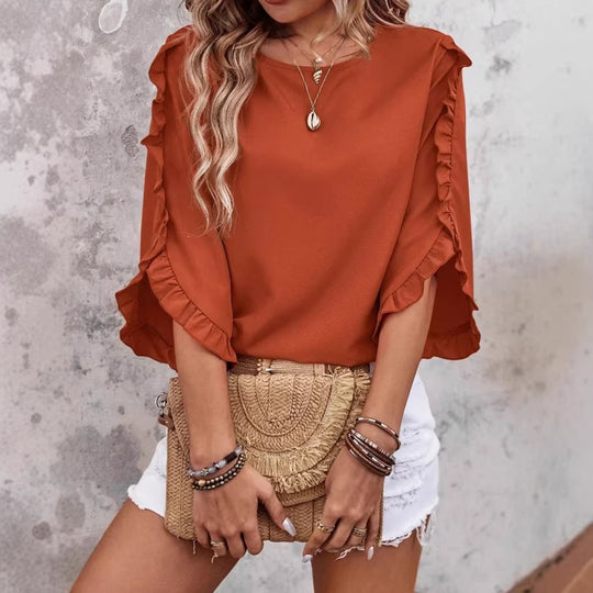 Damen Leichtes Rüschen‑Cape‑Top mit weitem Fledermausärmel EB