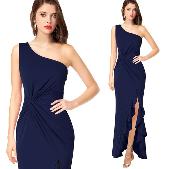 Damen Maxikleid mit asymmetrischem Ausschnitt und elegantem Raffdesign EB